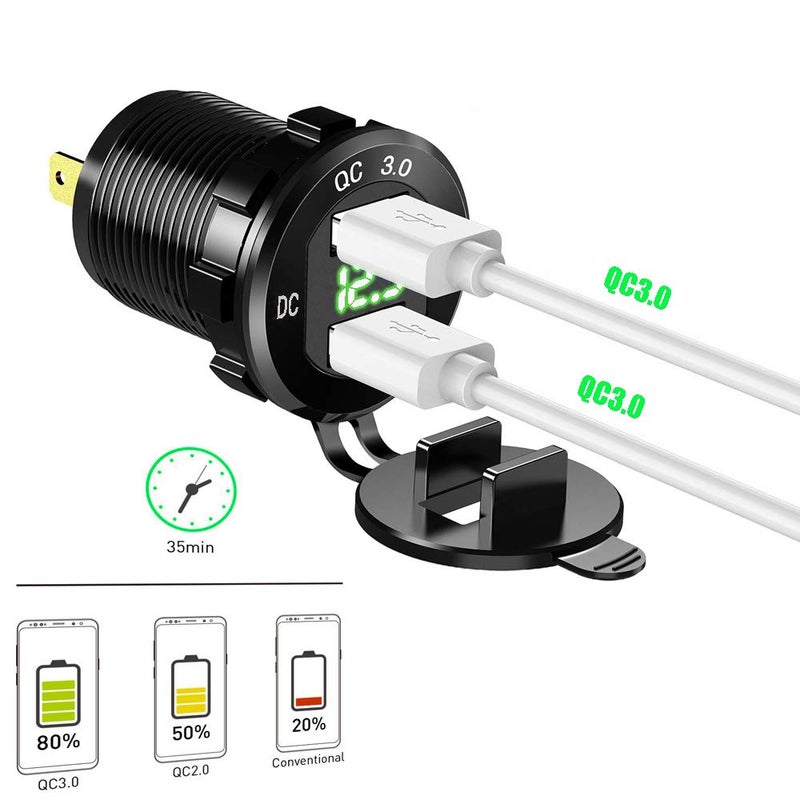 GemCoo Quick Charge 3.0 Dual USB Car Charger Socket 12V/24V 36W QC3.0 Dual USB Fast Charger Aluminum Socket Power Outlet with LED Voltmeter for Marine, Boat, Motorcycle (Green) - Image 2